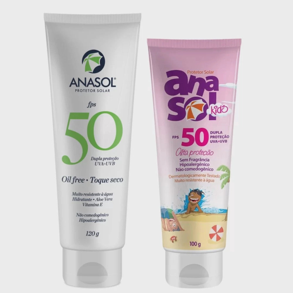 KIT ANASOL PROTETOR SOLAR FPS 50 OIL FREE TOQUE SECO 120G + PROTETOR SOLAR KIDS FPS 50 ALTA PROTEÇÃO 100G