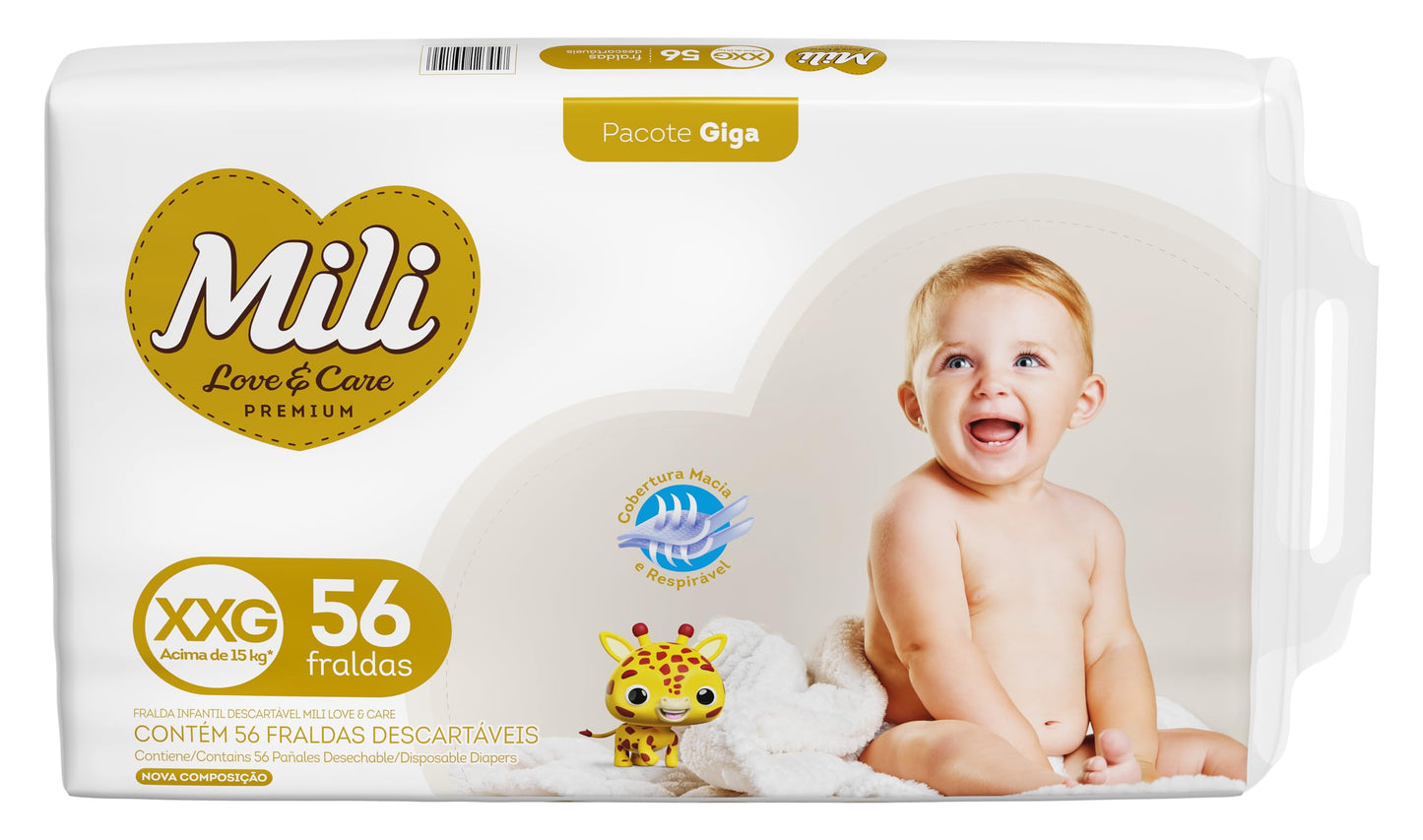 FRALDA MILI LOVECARE PREMIUM PACOTE GIGA XXG ACIMA DE 15KG 56 UNIDADES