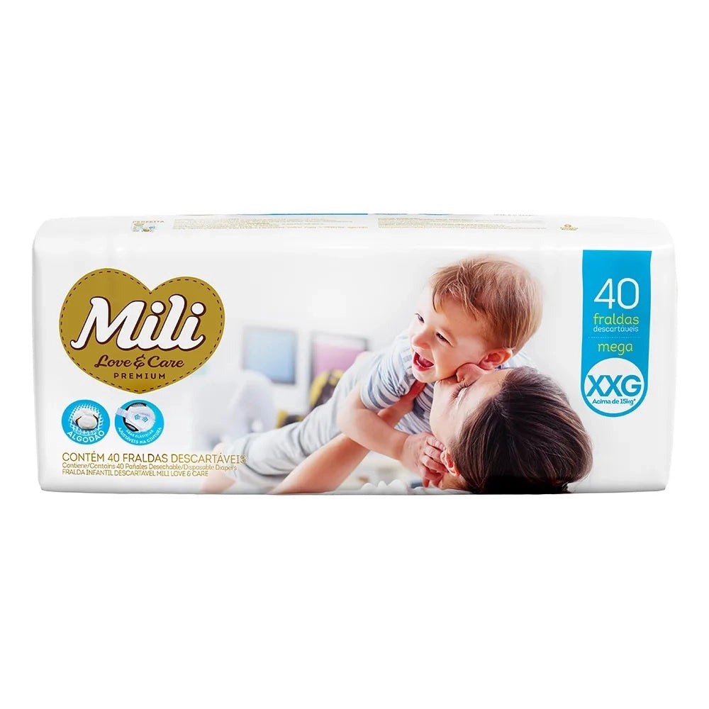 FRALDA MILI LOVECARE PREMIUM PACOTE MEGA XXG ACIMA DE 15KG 40 UNIDADES