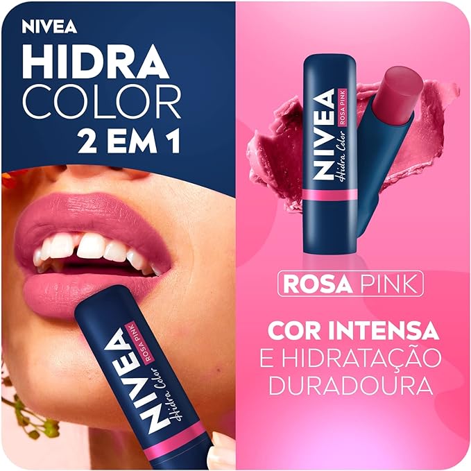 HIDRATANTE LABIAL NIVEA HIDRA COLOR ROSA PINK 2 EM 1 4,8G