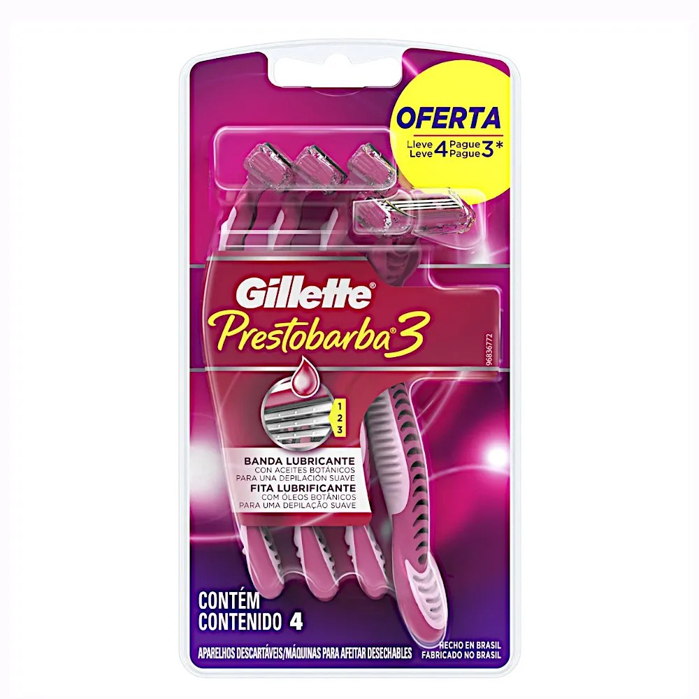 APARELHO PARA DEPILAÇÃO GILETTE PRESTOBARBA 3 FEMININO 4 UNIDADES