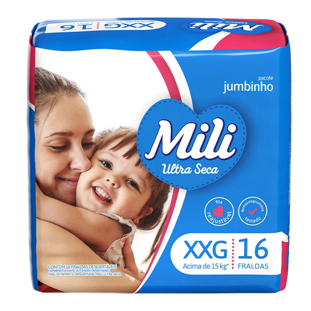 FRALDA MILI BABY INFANTIL XXG ACIMA DE 15 KG PACOTE JUMBINHO 16 UNIDADES
