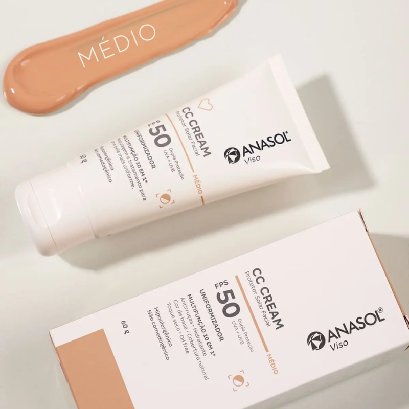 PROTETOR SOLAR FACIAL ANASOL CC CREAM CLAREADOR FPS 50 MÉDIO 10 EM 1 60G