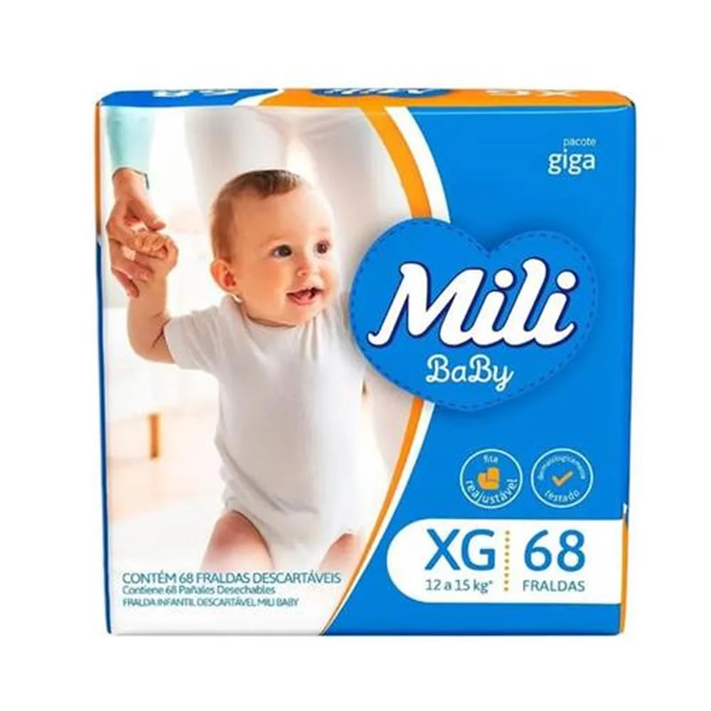 FRALDA MILI BABY INFANTIL XG DE 12 A 15 KG PACOTE JUMBINHO 68 UNIDADES