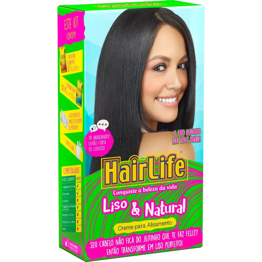 KIT HAIRLIFE LISO & NATURAL CREME DE ALISAMENTO 80+ NEUTRALIZANTE 80ML+ GUIA EXPLICATIVO+ PAR DE LUVAS