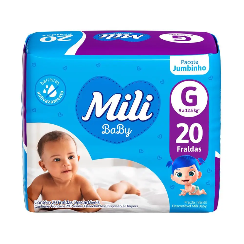 FRALDA MILI BABY INFANTIL G DE 9 A 12,5KG PACOTE JUMBINHO 20 UNIDADES