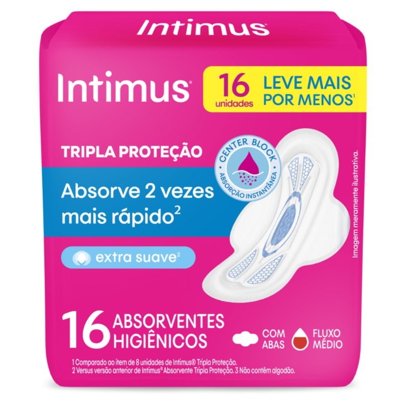 INTIMUS ABSORVENTE EXTERNO TRIPLA PROTEÇÃO EXTRA SUAVE COM ABAS 16 UNIDADES