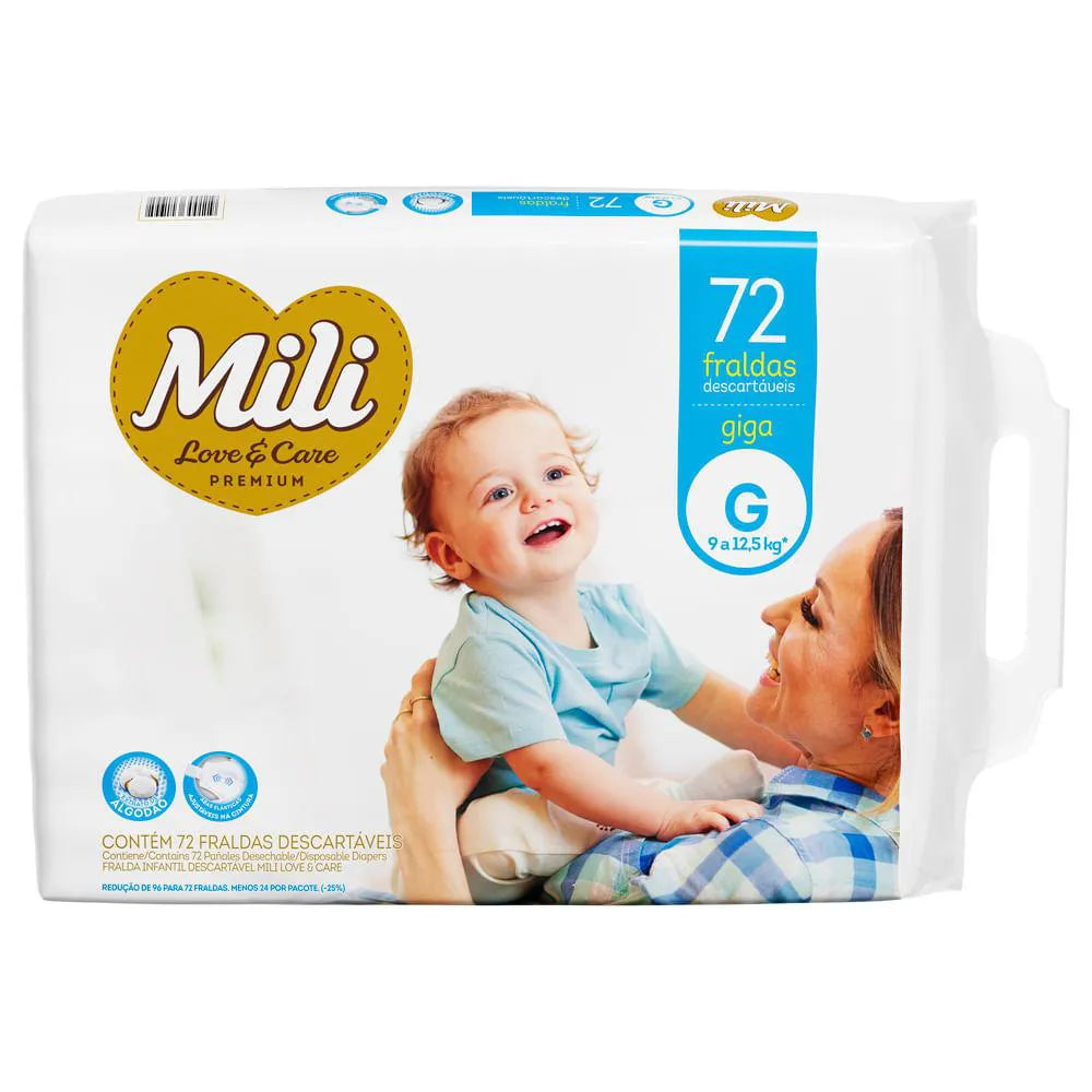 FRALDA MILI LOVECARE PREMIUM PACOTE GIGA G DE 9 A 12,5 KG 72 UNIDADES