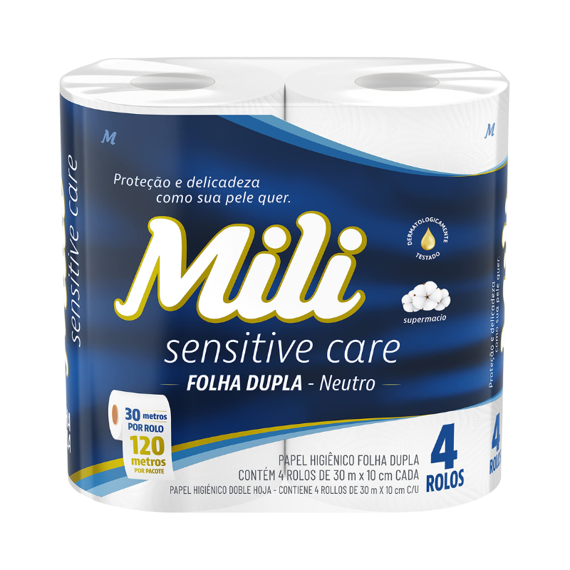 PAPEL HIGIÊNICO MILI SENSITIVE CARE FOLHA DUPLA NEUTRO 4 UNIDADES 30 METROS POR ROLO