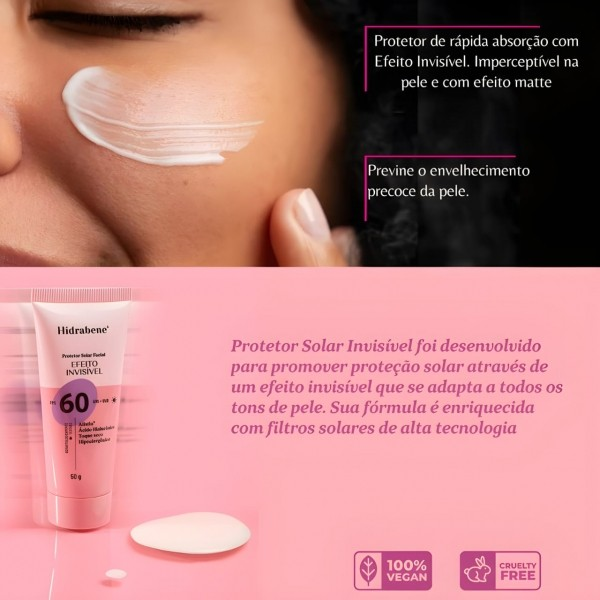 PROTETOR SOLAR FACIAL HIDRABENE FPS 60 EFEITO INVISÍVEL 50G