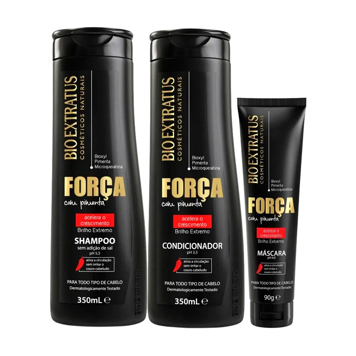 KIT BIO EXTRATUS SHAMPOO 350ML+ CONDICIONADOR 350ML+ MÁSCARA 90G FORÇA COM PIMENTA  3 UNIDADES