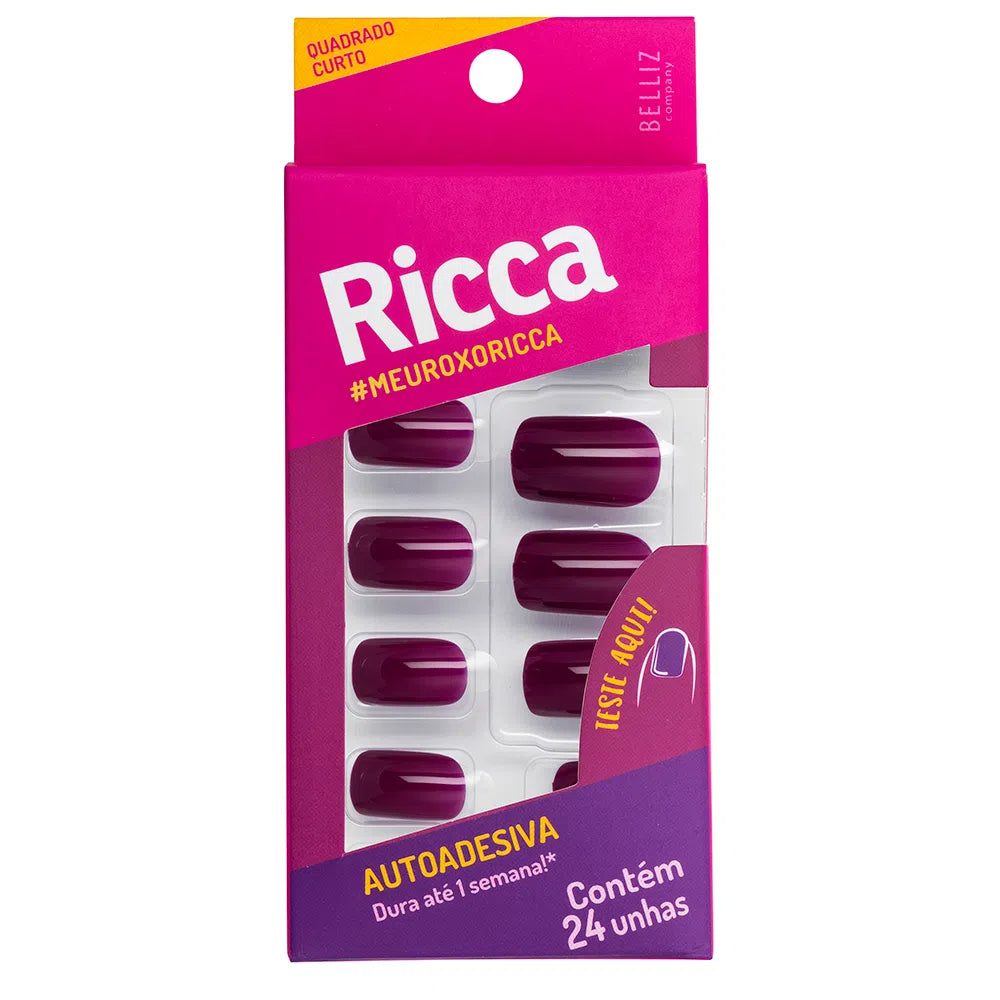 UNHAS POSTIÇAS AUTOADESIVAS RICCA QUADRADAS CURTAS - ROXO AMETISTA 24UN