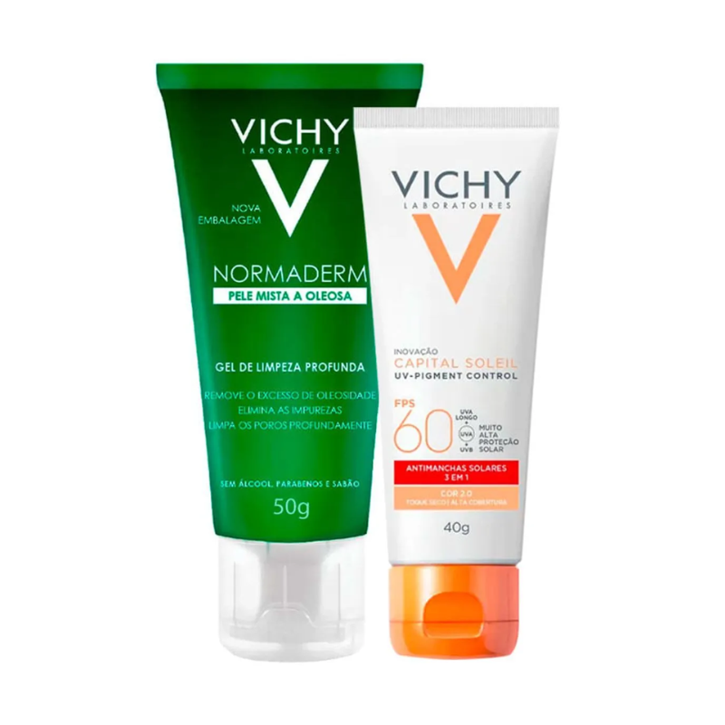KIT VICHY GEL DE LIMPEZA NORMADERM 50G + PROTETOR SOLAR UV PIGMENT CONTROL 3.0 FPS 60 40G