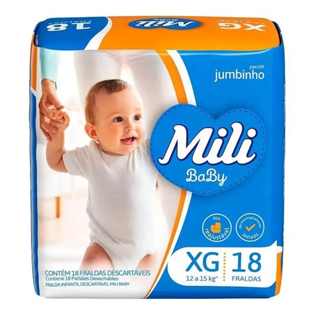 FRALDA MILI BABY INFANTIL XG DE 12 A 15 KG PACOTE JUMBINHO 18 UNIDADES