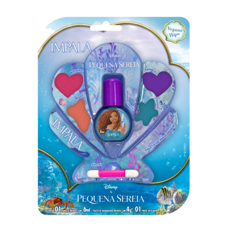 KIT IMPALA ESMALTE 6ML + PALETA DE MAQUIAGEM INFANTIL 4G + PINCEL APLICADOR A PEQUENA SEREIA