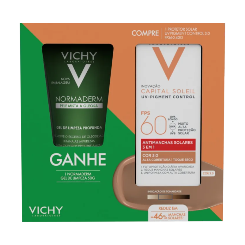 KIT VICHY GEL DE LIMPEZA NORMADERM 50G + PROTETOR SOLAR UV PIGMENT CONTROL 3.0 FPS 60 40G