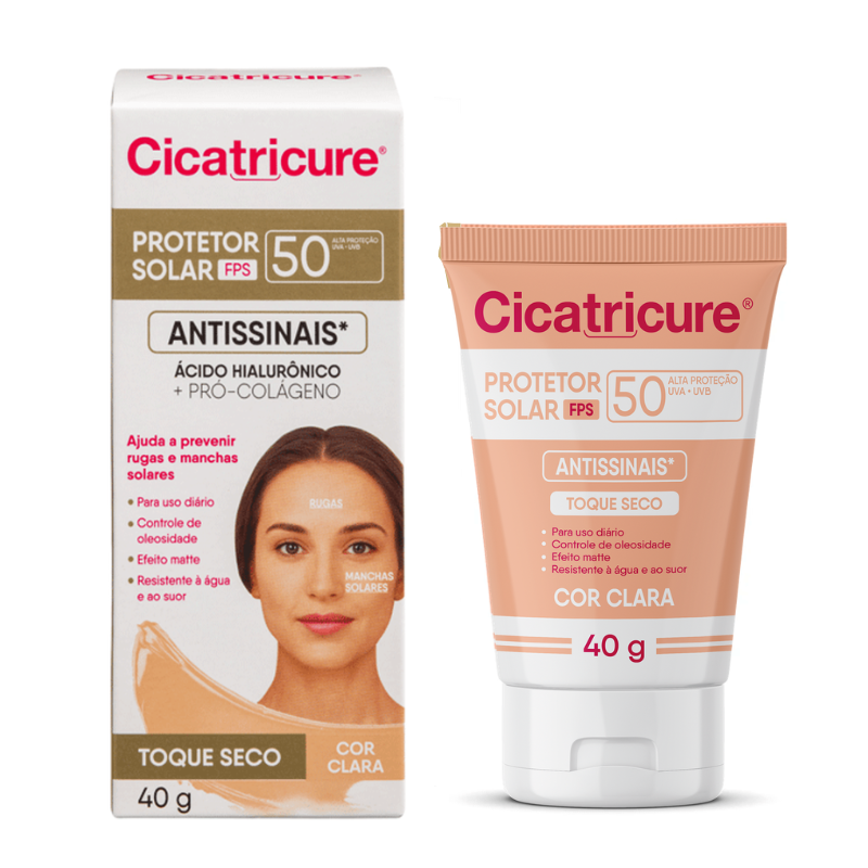 PROTETOR SOLAR CICATRICURE FPS 50 ANTISSINAIS COR CLARA TOQUE SECO 40G