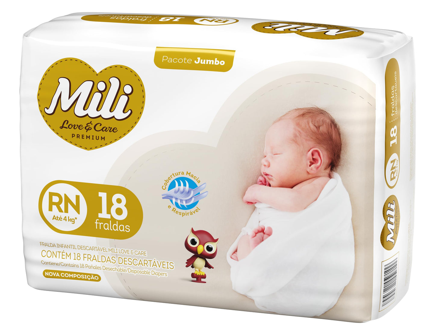FRALDA MILI LOVECARE PREMIUM RN ATÉ 4KG 18 UNIDADES