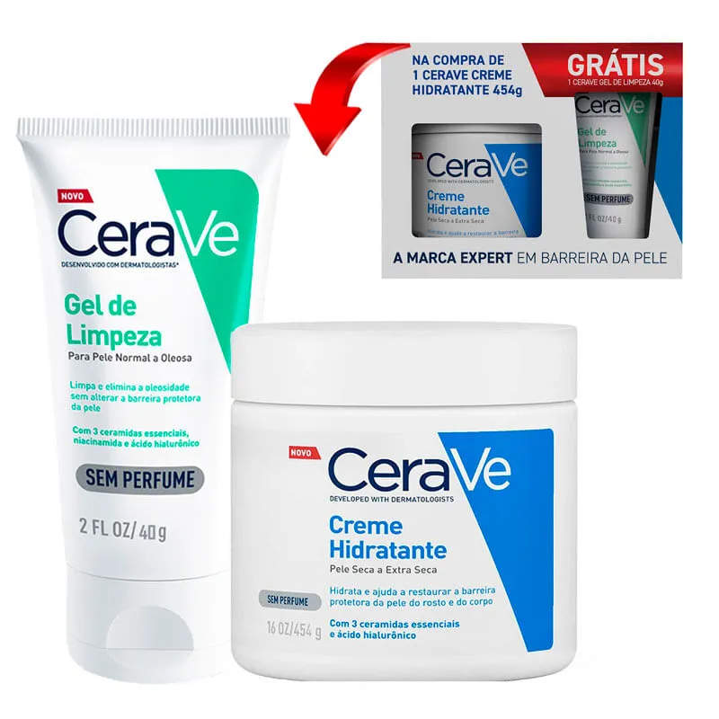 KIT CERAVE CREME HIDRATANTE 454G + GEL DE LIMPEZA GRÁTIS 40G