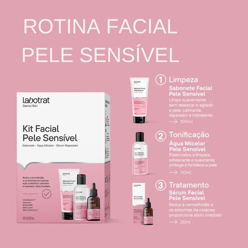 KIT FACIAL LABOTRAT PELE SENSÍVEL SABONETE 100ML+ÁGUA MICELAR 110ML+ SÉRUM 30ML