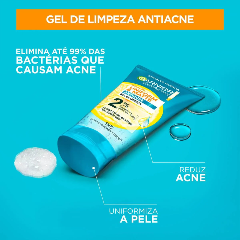 GEL DE LIMPEZA FACIAL GARNIER UNIFORM & MATTE ANTIACNE 150ML