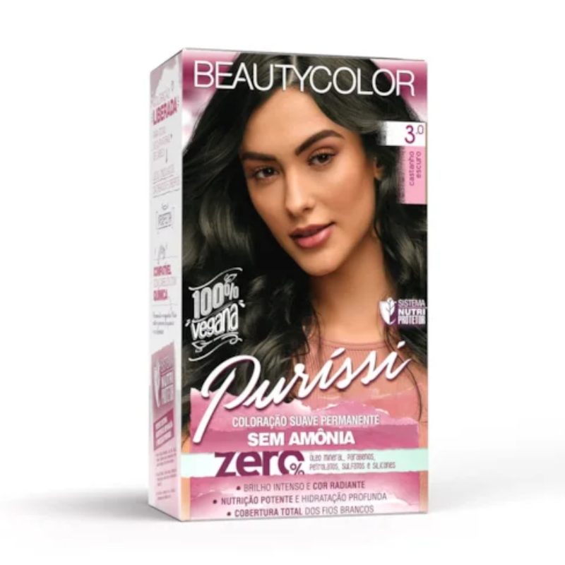 KIT TINTA CAPILAR BEAUTYCOLOR PURRISÍ SEM AMÔNIA 3.0 CASTANHO ESCURO