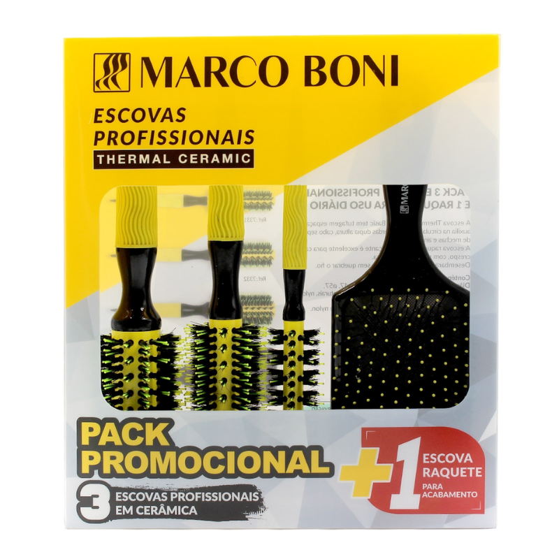 KIT MARCO BONI 3 ESCOVAS THERMAL CERAMIC PROFISSIONAIS E 1 ESCOVA RAQUETE DESEMBARAÇANTE 4 UNIDADES 6204
