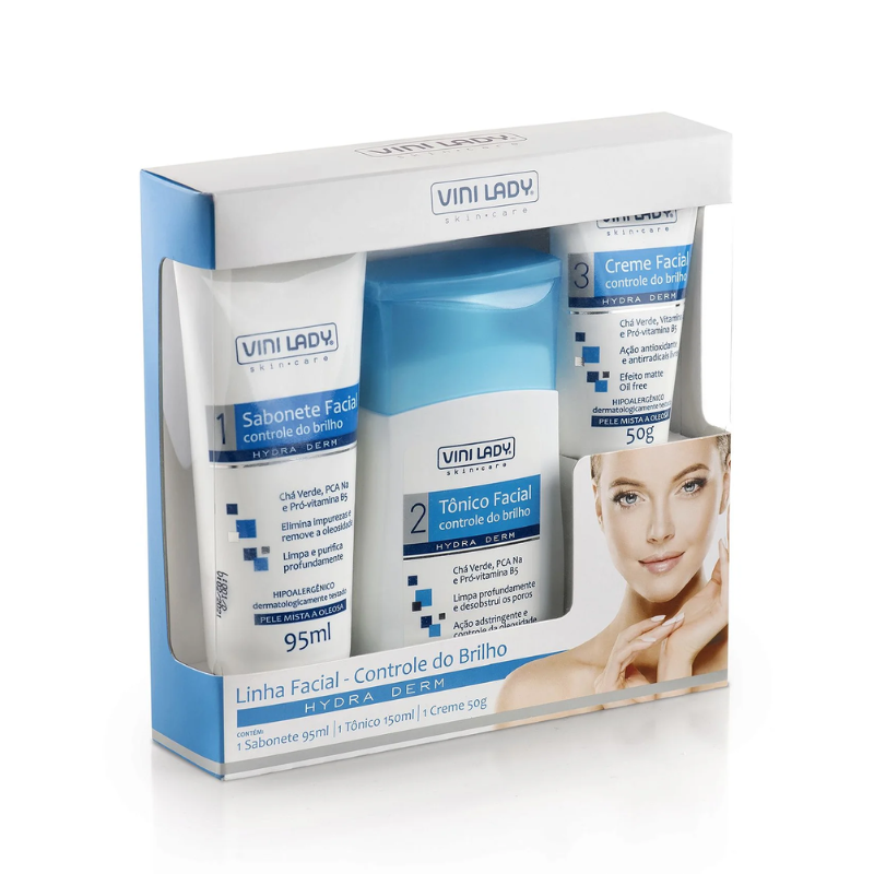 KIT VINI LADY SABONETE FACIAL 95ML+ TÔNICO FACIAL 150ML+ CREME FACIAL 50G CONTROLE DO BRILHO