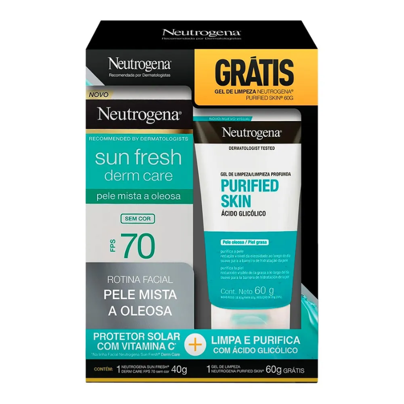 KIT NEUTROGENA PROTETOR SOLAR FACIAL FPS 70 SUN FRESH 40G + GEL DE LIMPEZA PURIFIED SKIN 60G