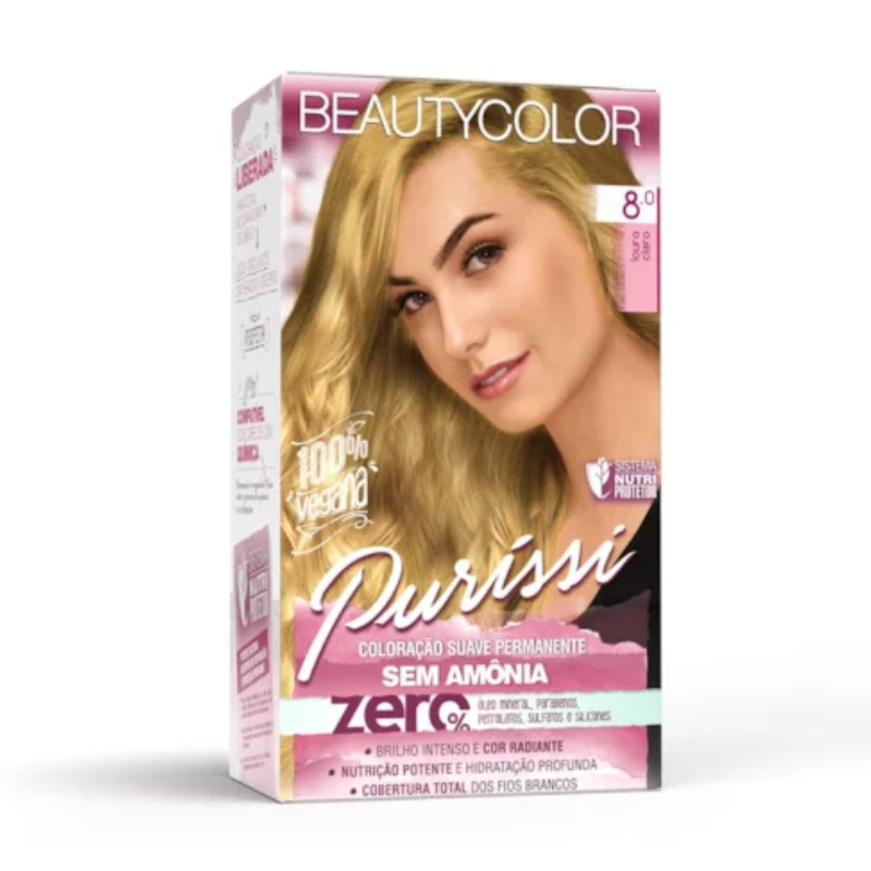 KIT TINTA CAPILAR BEAUTYCOLOR PURRISÍ SEM AMÔNIA 8.0 LOURO CLARO