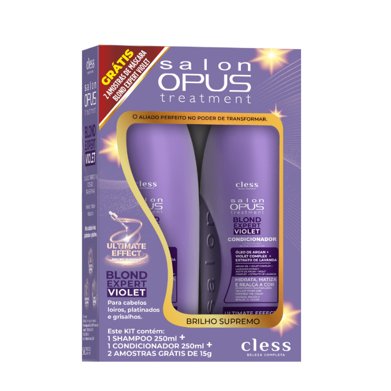 KIT SALON OPUS SHAMPOO 250ML + CONDICIONADOR 250ML + 2 AMOSTRAS GRÁTIS 15G BLOND EXPERT VIOLET