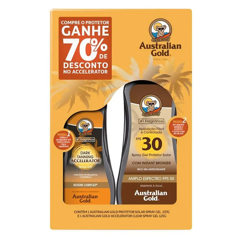 KIT AUSTRALIAN GOLD BRONZEADOR ACCELERATOR + PROTETOR AMPLO ESPECTRO FPS 30 2UN