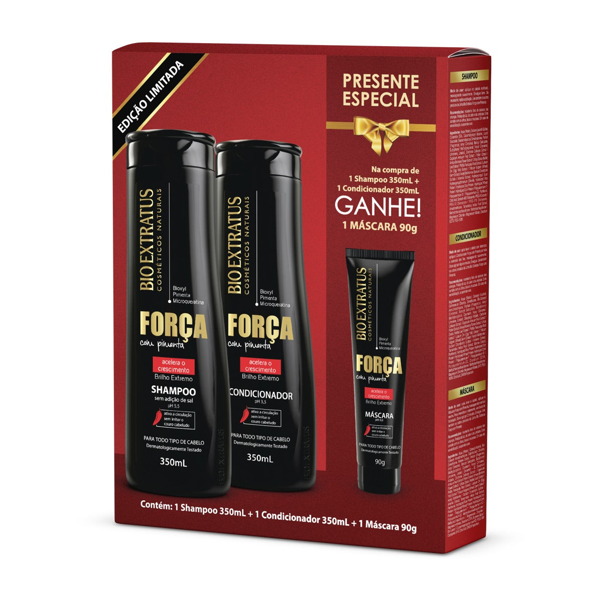 KIT BIO EXTRATUS SHAMPOO 350ML+ CONDICIONADOR 350ML+ MÁSCARA 90G FORÇA COM PIMENTA  3 UNIDADES