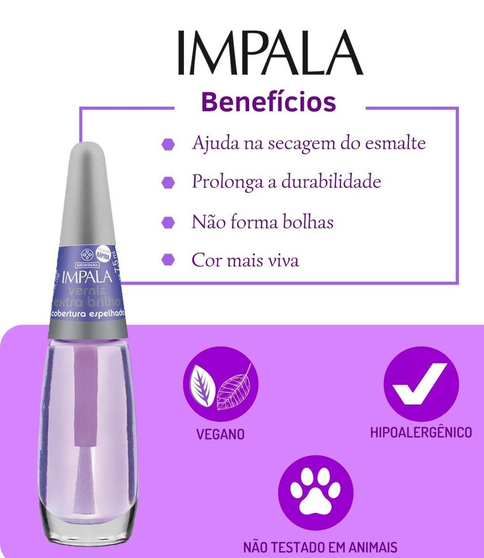 ESMALTE IMPALA VERNIZ EXTRA BRILHO COBERTURA ESPELHADA 7,5ML