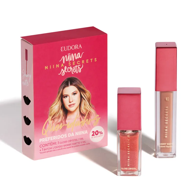 KIT NIINA SECRETS GLOSS CRYSTAL 7ML + BATOM LÍQUIDO SKINNY MATTE 5ML QUERIDINHOS PREFERIDOS DA NIINA