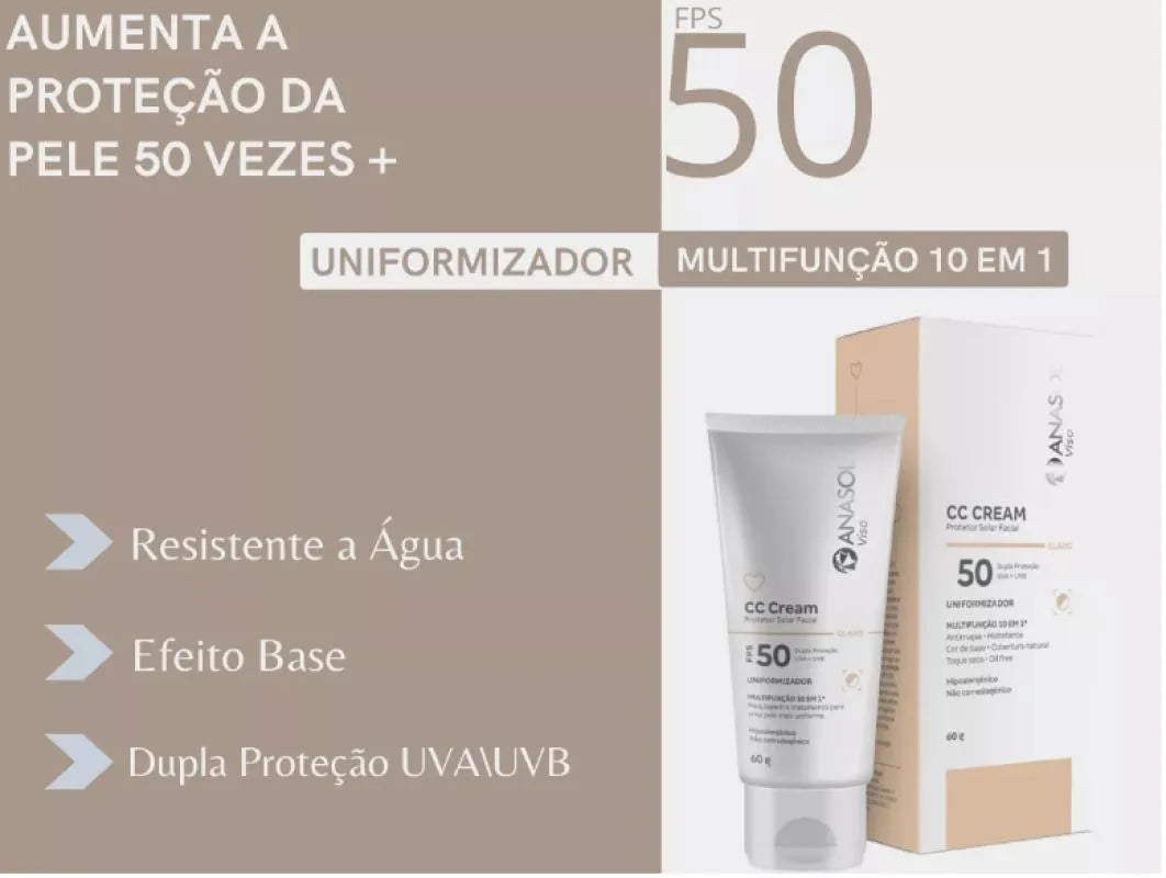 PROTETOR SOLAR FACIAL ANASOL CC CREAM CLAREADOR FPS 50 CLARO 10 EM 1 60G
