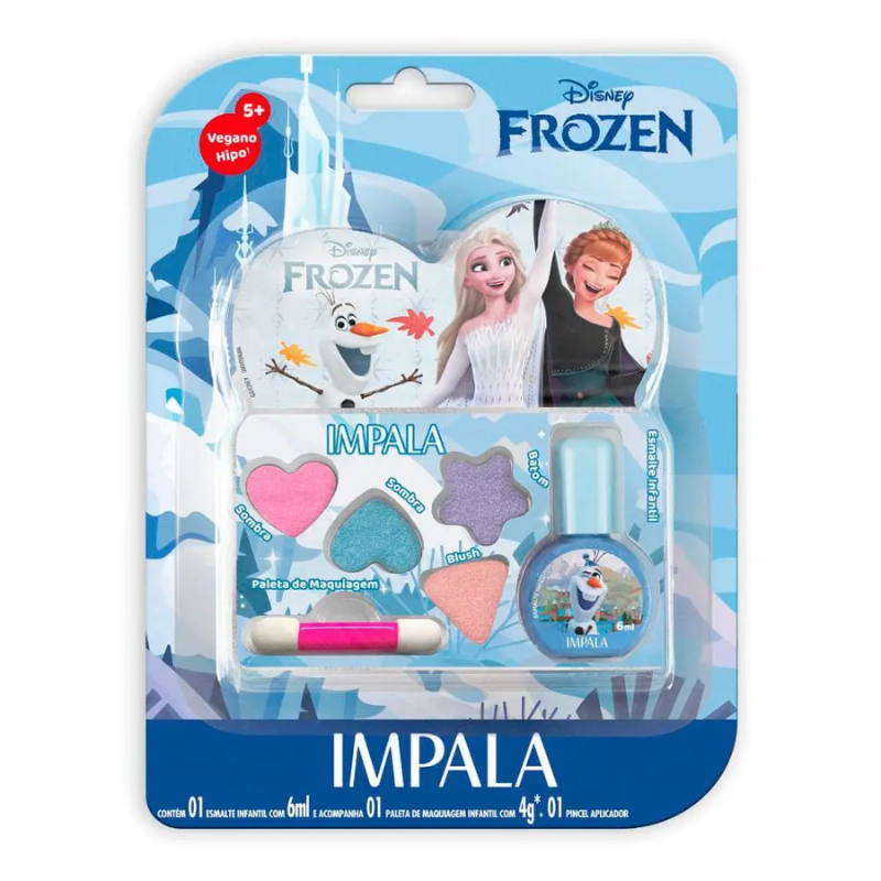 KIT IMPALA ESMALTE 6ML + PALETA DE MAQUIAGEM INFANTIL 4G + PINCEL APLICADOR FROZEN INFANTIL