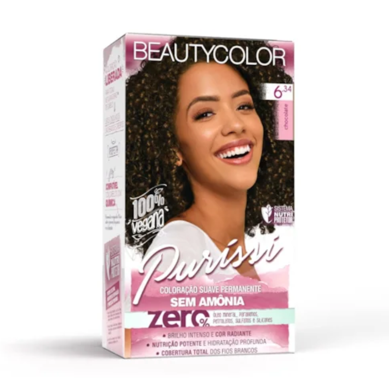KIT TINTA CAPILAR BEAUTYCOLOR PURRISÍ SEM AMÔNIA 6.34 CHOCOLATE